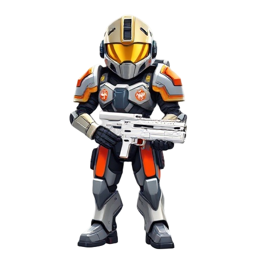 createateal armored scifi soldierwithgoldvisorcolorful utility modulesand white energy riflebulky design with medical insigniasvibrant contrasting colors on angular armor plates with reflective finish
