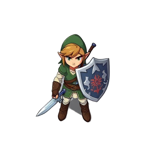 a warrior in the style of a legend-of-zelda character, wielding a sword and shield