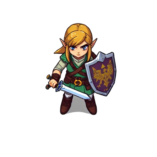 a pixel-art warrior in the style of a legend-of-zelda character, wielding a sword and shield