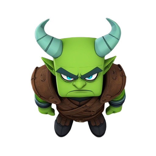 a stoic, blocky character with green skin and angular features, stands centered. the character has two curved, light blue horns, a stern expression with furrowed brows, and piercing blue eyes. he wears tattered brown armor over his upper body, with visibl
