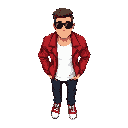 a man has a black jean red and white sneaker white t shirt red leather jacket with rayban sunglasses