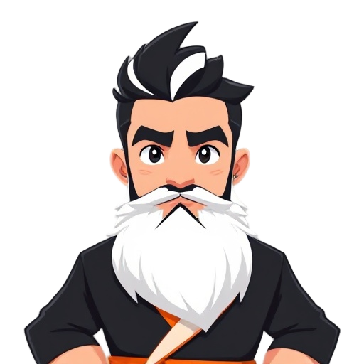 men with black hair and there white streak in hair and a black beard standing and the clothes are with black ,orang and white and this charctear is 2d game charectear