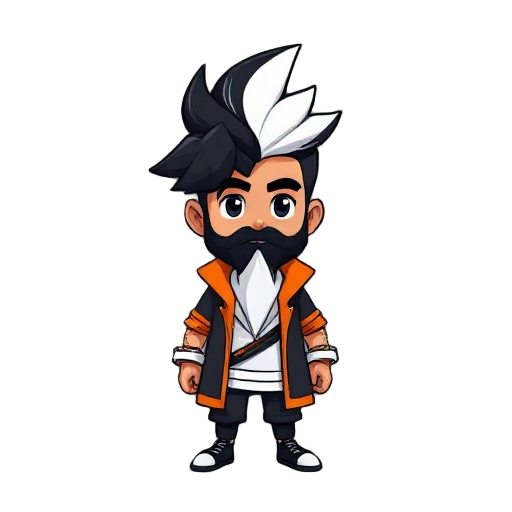 men with black hair and there white streak in hair and a beard standing and the clothes are with black ,orang and white and this charctear is 2d game charectear