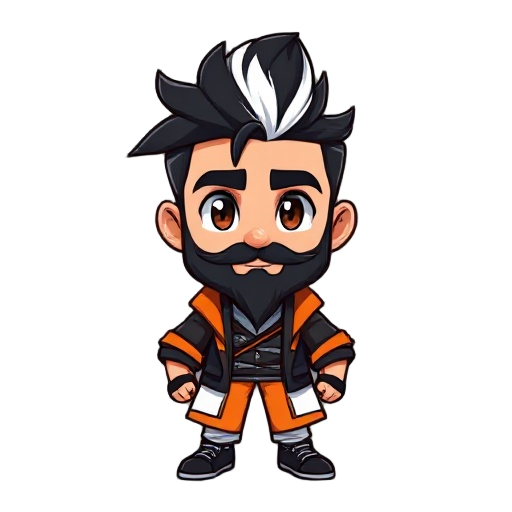 men with black hair and there white streak in hair and a black beard standing and the clothes are with black ,orang and white and this charctear is 2d game charectear