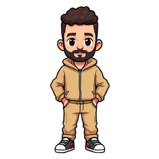 a pixelated character stands confidently, displaying a blocky design typical of retro video games. dressed in a beige tracksuit, the individual has a short, curly hairstyle and a well-groomed beard, contributing to a casual yet stylish appearance. their n