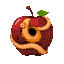 rotten dark perished apple with a beige worm digging a hole through it , beige worm all around the apple, beige worm wrapping the apple