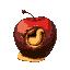 rotten dark perished apple with a beige worm digging a hole through it , beige worm all around the apple, beige worm wrapping the apple