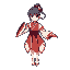 a shrine maiden with a short red-and-white robe, flowing sleeves, and a glowing sash. she has a low ponytail with a blue streak, expressive eyes, and moves with rhythmic grace, echoing musical waves.