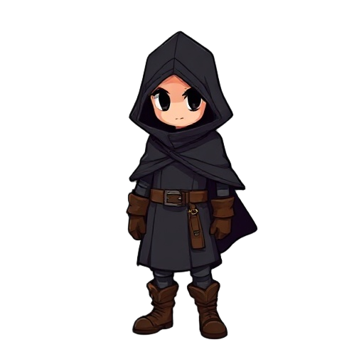 a small character for my indie metroidvania game, the character is wearing a big black cloak that covers his face and whole body, he has brown gloves and boots.