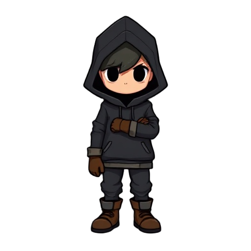 a small character for my indie metroidvania game, the character is wearing a big black hoodie that covers his face, he has brown gloves and boots.