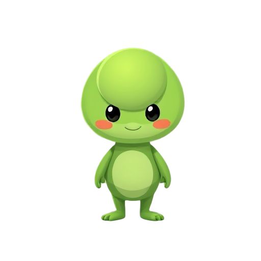 2d cartoon style character, cute green creature with round head,