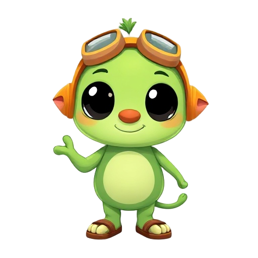 2d cartoon style character, cute green creature with round head, big expressive black eyes, small nose, smiling mouth, light green belly, wearing orange aviator goggles on head, short ears with pink inner part, small tail, brown sandals, standing in perfe