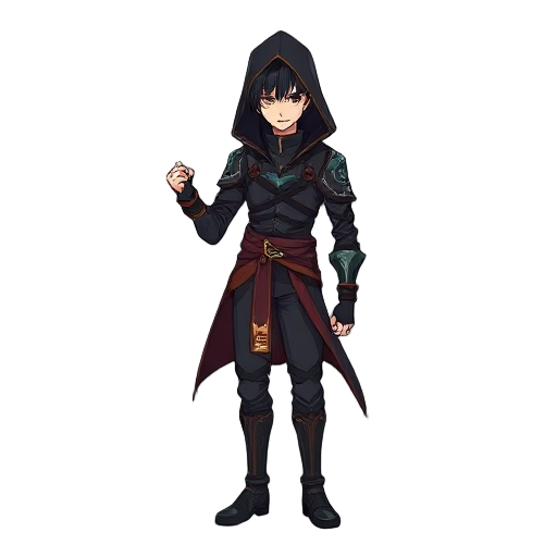 um garoto de aproximadamente 17 anos, que tem aparência de um assassino com um mago, e é o deus da morte, estilo misturando anime com estilo de arcane 