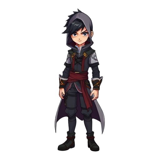 um garoto de aproximadamente 17 anos, que tem aparência de um assassino com um mago, e é o deus da morte, estilo misturando anime com estilo de arcane 