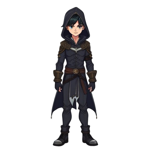 um garoto de aproximadamente 17 anos, que tem aparência de um assassino com um mago, e é o deus da morte, estilo misturando anime com estilo de arcane 