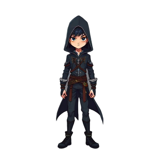 um garoto de aproximadamente 17 anos, que tem aparência de um assassino com um mago, e é o deus da morte, estilo misturando anime com estilo de arcane 