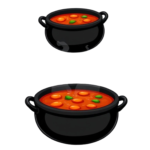 black cauldrons filled tomato soup
