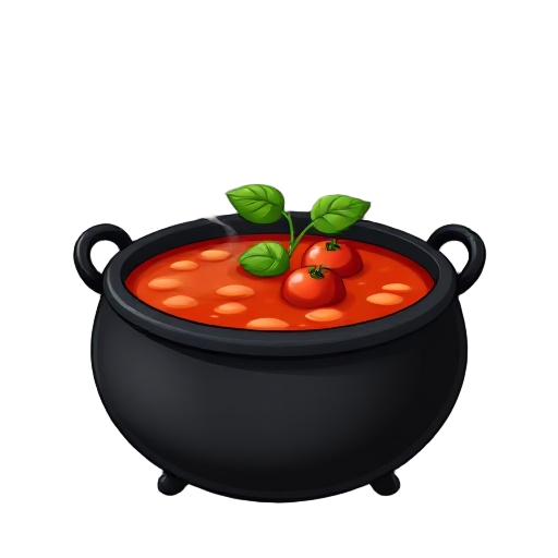 black cauldron filled tomato soup