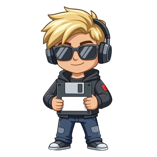 blond dj holding a floppy disk with shades