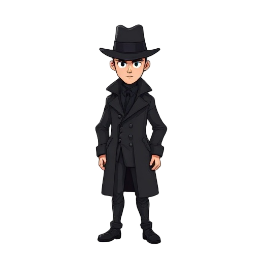 detective with dark clothes and only face sticking out, top hat is the same color as clothes
