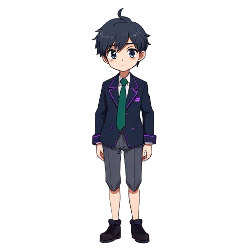  generate sena the main character for my game. he is a high school student and wears uniform palette: - **blazer color**: navy blue - **tie/ribbon**: deep green (sena), violet (kana), loose navy (yuji) - **skirt/pants**: gray or navy - **accents**: violet