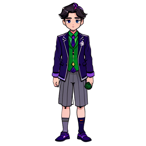  generate sena the main character for my game. he is a high school student and wears uniform palette: - **blazer color**: navy blue - **tie/ribbon**: deep green (sena), violet (kana), loose navy (yuji) - **skirt/pants**: gray or navy - **accents**: violet