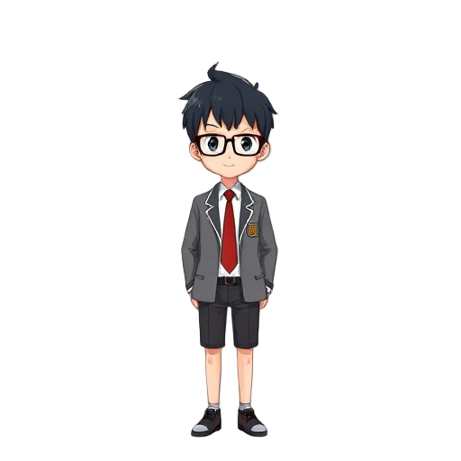 male japanese high school student wears blazer uniform with tie and glasses