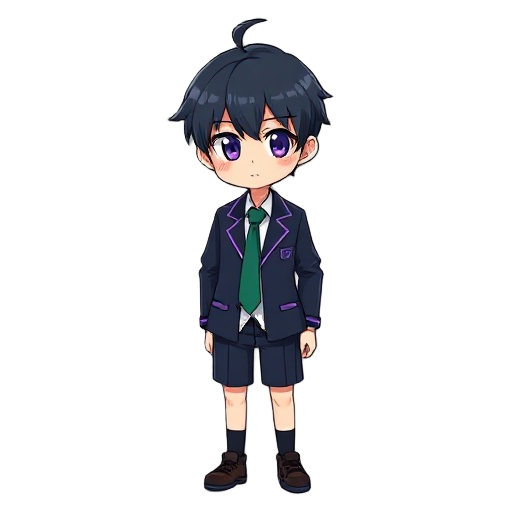  generate sena the main character for my game. he is a high school student and wears uniform palette: - **blazer color**: navy blue - **tie/ribbon**: deep green (sena), violet (kana), loose navy (yuji) - **skirt/pants**: gray or navy - **accents**: violet
