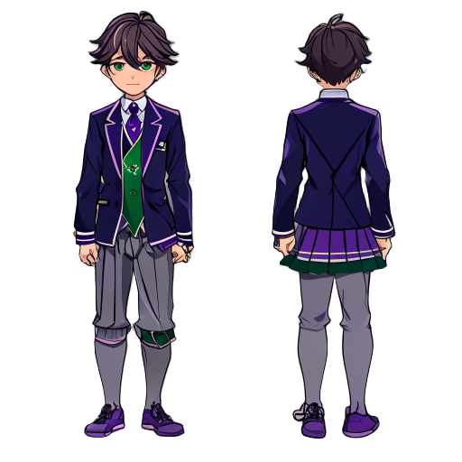 sena the main character for my game. he is a high school student and wears uniform palette: - **blazer color**: navy blue - **tie/ribbon**: deep green (sena), violet (kana), loose navy (yuji) - **skirt/pants**: gray or navy - **accents**: violet stitching