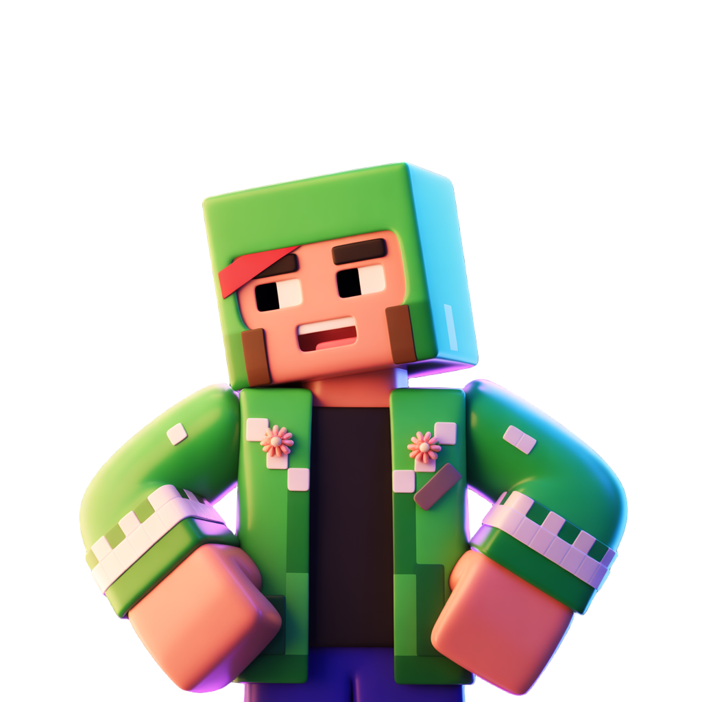a minecraft-style 3d character wearing a green hood or mask with black eye shapes and a red streak on the face. the mask has a small brown patch on the side, resembling a strap or detail. the character wears a green jacket with white checkered patterns an