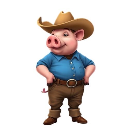a cowboy pig, with a blue shirt, a very large hat, the tail sticking out of his trousers, brown trousers like the hat, ankle boots