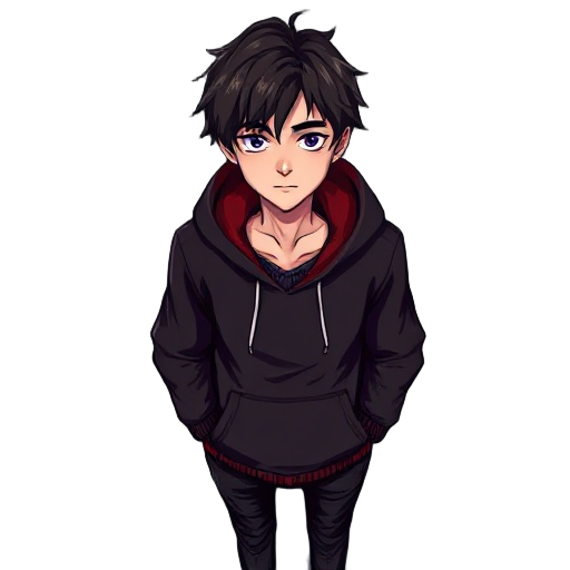 a guy with well-defined edges without jaggies. old school rpg style. top down view.  young man, 22 years old, pale skin, melancholic but hopeful expression. medium-length dark brown messy hair. wearing a black hoodie with red interior, dark pants, subtle 