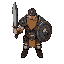 character for a retro dungeon-crawler action rpg. a rugged warrior clad in battered iron armor, wielding a heavy sword and round shield.