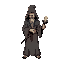 character for a retro dungeon-crawler action rpg. a mysterious mage in a long, tattered robe, wielding a staff topped with a faintly glowing crystal. 