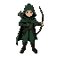 character for a retro dungeon-crawler action rpg. a nimble archer wearing a dark green cloak, leather armor, and carrying a short bow. designed to feel ancient and arcane, with a gothic touch