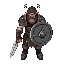 character for a retro dungeon-crawler action rpg. a rugged warrior clad in battered iron armor, wielding a heavy sword and round shield.