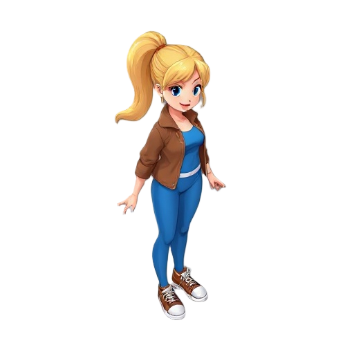 girl ponytail blonde hair, highleg blue leotard, brown jacket and sneakers