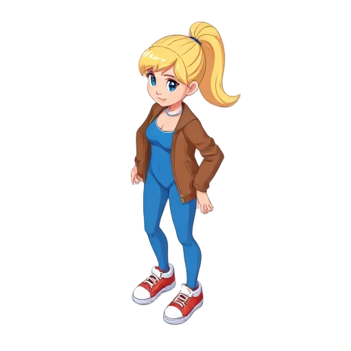 girl ponytail blonde hair, blue leotard, brown jacket and sneakers
