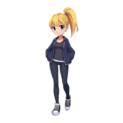 girl ponytail blonde hair and leotard y jacket and sneakers