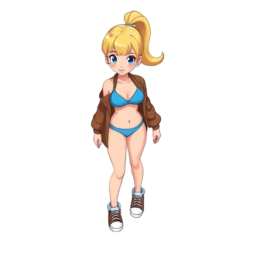 girl ponytail blonde hair, blue thong leotard, brown jacket and sneakers