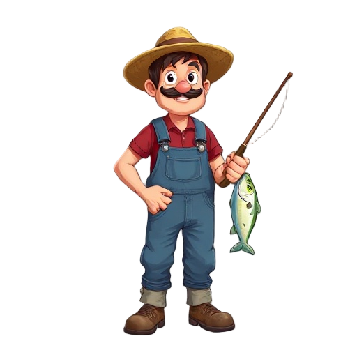 a fisherman wearing a denim overall and a straw hat, holding a fishing rod with a fish hanging from it