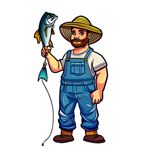 a fisherman wearing a denim overall and a straw hat, holding a fishing rod with a fish hanging from it