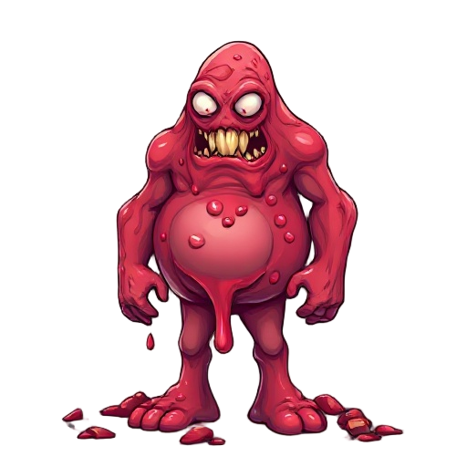 um aglomerado de slimes de sangue meio com cor  desbotadas e com restos de carnes assim fazendo um slime gigante de carne com restos