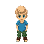 a young boy with blonde hair, a blue shirt, blue eyes and green pants.