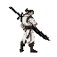 a slouched back strong man wearing white clothes carrying a huge black sword on his back
