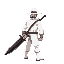 a strong man with a slouched back wearing a white suit and a white hat carrying a huge black sword