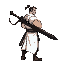 a slouched back strong man wearing white clothes carrying a huge black sword on his back