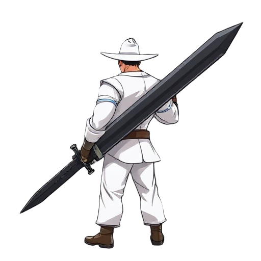 a strong man with a slouched back wearing a white suit and a white hat carrying a huge black sword