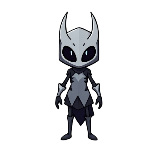 estilo parecido com hollow knight personagem estilo hollow knight, corpo pequeno e simples, cabeça oval grande com olhos em forma de v, túnica curta em formato de sino, pernas finas