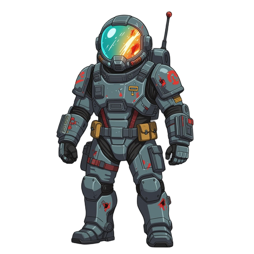 a battle-worn hell diver clad in futuristic heavy power armor, helmet domed with a glowing visor streaked by radiation burns. scavenged tech modules and wiring patch the suit’s surface. he’s sky-divin